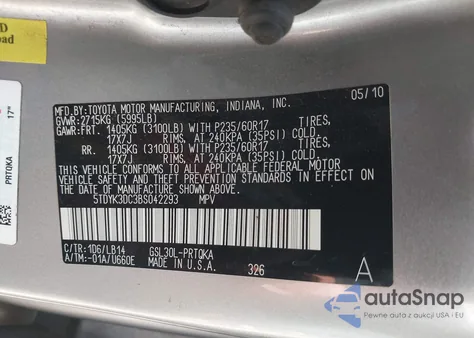 2011 Toyota Sienna Xle V6 z USA, uszkodzony, nr VIN 5TDYK3DC3BS042293
